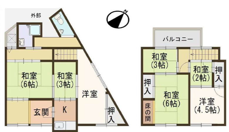 寺田町駅 徒歩7分 構造:木造土地面積:77.09平米 ( 23.31坪 ) 建物面積:86.26平米 ( 26.09坪 )